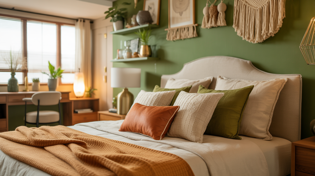 Green Accent Wall Styled with Textiles