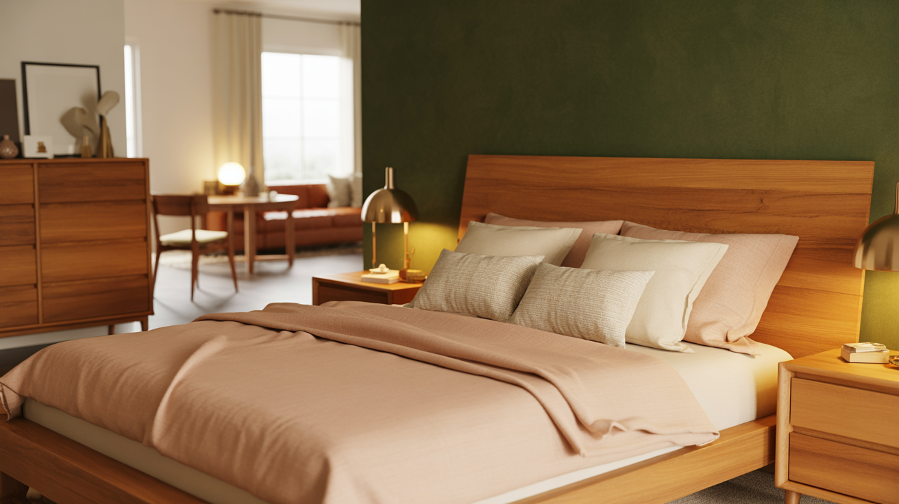 Green Accent Wall with Wood Furniture