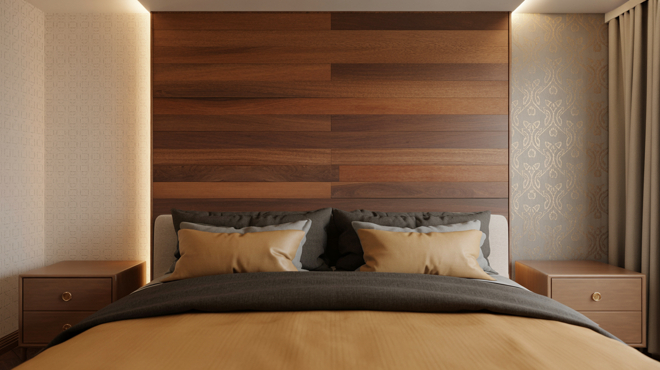 Patterned Wallpaper with Wood Accents
